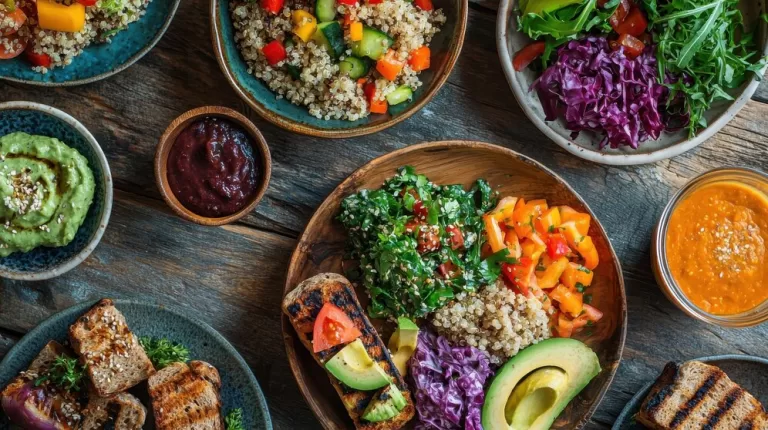 An assortment of colorful dishes on a wooden table, including easy vegan quinoa salads with vibrant vegetables, sliced avocado, grilled bread, green and purple cabbage, and various sauces in small bowls—perfect vegan substitutes for common foods.