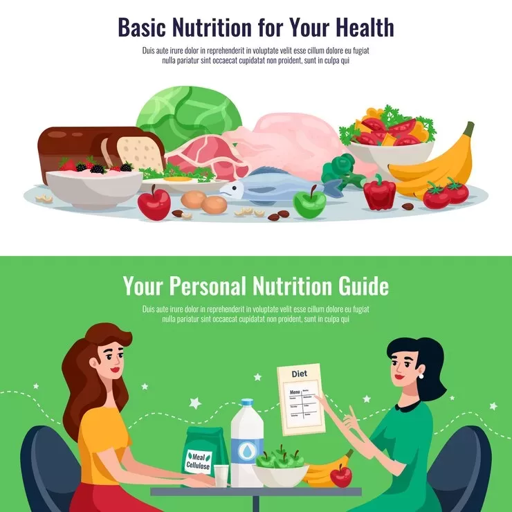 Illustration with "Basic Nutrition for Your Health" featuring fruits, vegetables, meat, and bread. Below, two women sit at a table labeled "Your Personal Nutrition Guide" with a meal plan focused on healthy habits—highlighting milk, apples, and salad for effective weight management.