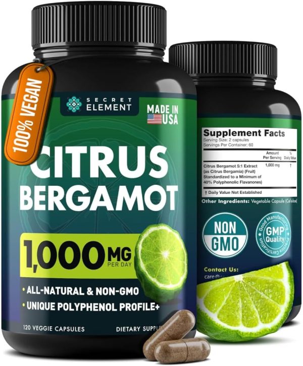 Two bottles of Secret Element Citrus Bergamot Extract 1000mg are featured, highlighting their heart health benefits. The labels read "1,000 mg per serving," "100% Vegan," "Made in USA," "Non-GMO," and "GMP Quality." Accompanying images of lime slices and capsules further emphasize their support for managing high cholesterol.