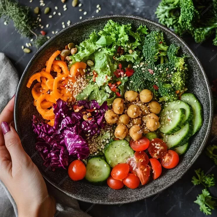 A colorful salad bowl featuring vibrant greens, sliced cucumber, red cabbage, cherry tomatoes, bell peppers, broccoli, chickpeas, lentils, and sprinkled seeds showcases a delightful blend of paleo and vegan goodness held by a hand over a dark surface.