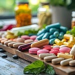 A variety of colorful pills and capsules are spread out on a wooden surface, surrounded by fresh vegetables like lettuce and broccoli. Blurred bottles in the background highlight the importance of gut health supplements, suggesting a focus on overall wellness.
