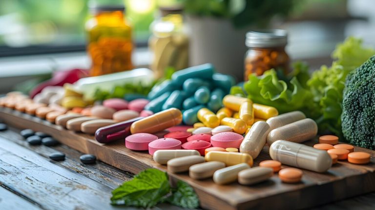 A variety of colorful pills and capsules are spread out on a wooden surface, surrounded by fresh vegetables like lettuce and broccoli. Blurred bottles in the background highlight the importance of gut health supplements, suggesting a focus on overall wellness.