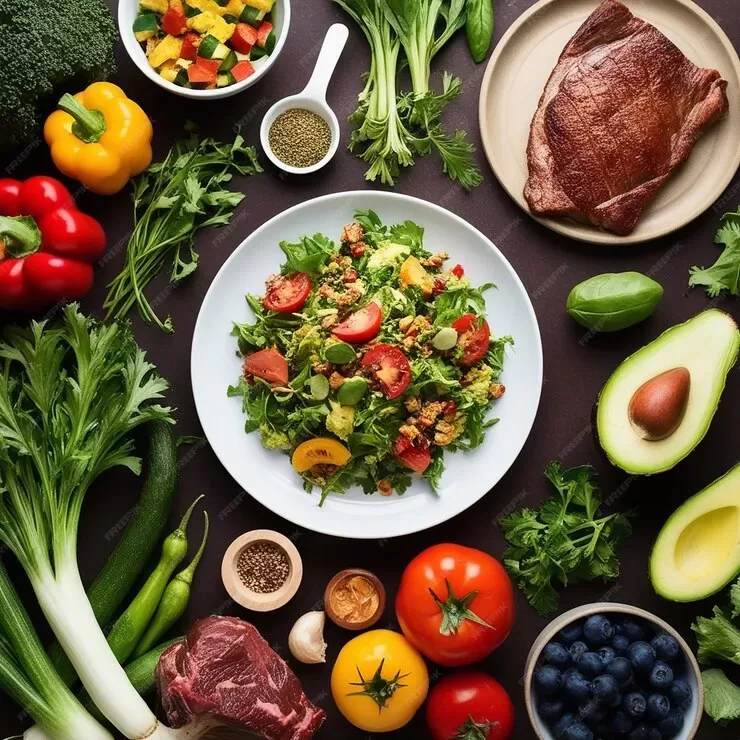 A vibrant display of fresh ingredients surrounds a quinoa salad in a white bowl. Items include peppers, avocado, tomatoes, broccoli, blueberries, and cuts of steak. This colorful scene aligns with the Paleo Diet's emphasis on wholesome produce and protein for healthy eating.