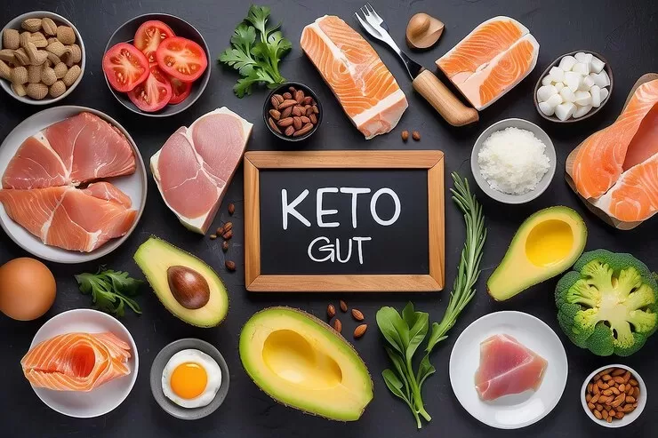 A variety of keto-friendly foods are artfully arranged around a chalkboard inscribed with "KETO GUT," highlighting the flavors in the paleo vs keto debate. The spread features salmon, avocado, eggs, nuts, tomatoes, cheese, herbs, and broccoli on a dark backdrop.