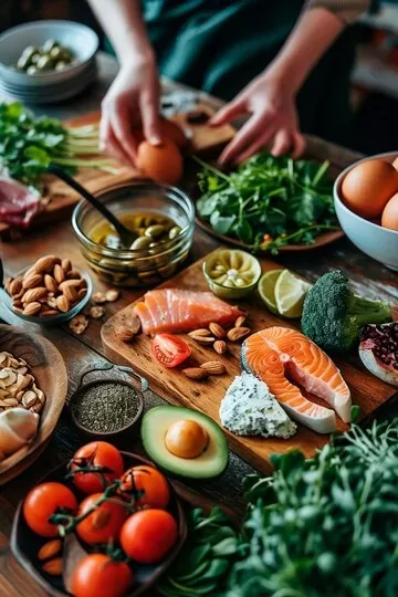 A variety of fresh ingredients on a wooden table, including salmon, avocado, cherry tomatoes, almonds, olives, broccoli, greens, and eggs—essentials for a Paleo lifestyle. 