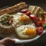 A hand holds a plate with a nourishing breakfast assortment: two sunny-side-up eggs, a slice of whole grain bread, cherry tomato halves, sliced avocado, a cheese wedge, and a small cake topped with microgreens and chopped nuts—perfect for embracing the paleo lifestyle.