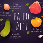 Discover a paleo diet with an illustrated guide showcasing foods like bacon, egg, meat, fish, tomato, zucchini, pepper, avocado, carrot, and green onions. Uncover surprising facts about each item through small illustrations and text against a dark background.