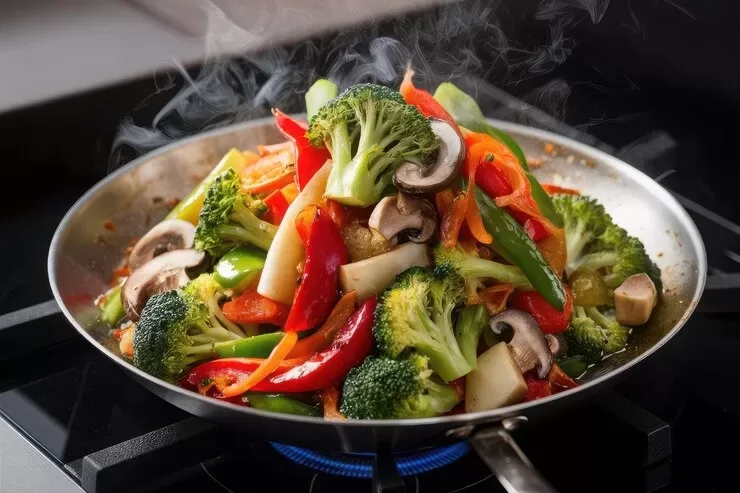 A steaming stir-fry sizzles in a pan, showcasing vibrant vegetables like broccoli, red bell peppers, mushrooms, and snap peas. Perfect for vegan diets, these fresh ingredients are sautéed to perfection on a lit stovetop.