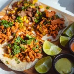 A wooden platter showcases a delightful Mexican cuisine featuring four tacos loaded with seasoned meat, cilantro, and diced vegetables. Slices of lime accompany the feast, along with three small bowls of vibrant sauces, embodying the rich flavors of Mexican food.