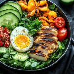 A vibrant salad bowl featuring grilled chicken slices, sliced cucumbers, cherry tomatoes, half a boiled egg, and greens, aligned with the paleo diet principles. Garnished with sesame seeds, a fork and spoon lie beside the bowl on a dark textured surface.