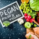 Paleo and Vegan diet peers over a vibrant 2024 spread of foods, featuring greens, apples, grapes, oranges, raw meat, chicken breast, radishes, broccoli, and cabbage on a speckled dark surface.