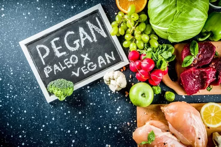 Paleo and Vegan diet peers over a vibrant 2024 spread of foods, featuring greens, apples, grapes, oranges, raw meat, chicken breast, radishes, broccoli, and cabbage on a speckled dark surface.