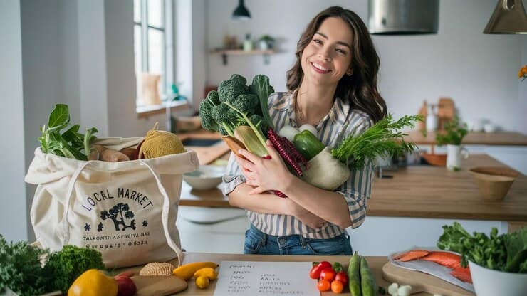 A person smiles while holding fresh vegetables in a modern kitchen, embodying the Vegan Life. A reusable bag filled with produce rests nearby on the counter, alongside a 2024 shopping list and items like salmon and bread. The setting is bright and inviting.