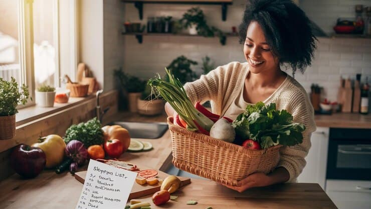 In the cozy kitchen, a woman smiles while unpacking a basket brimming with fresh vegetables, embodying her vegan life. A handwritten shopping list and vibrant produce adorn the wooden countertop. Sunlight streams through the window, casting a warm glow on this serene scene—a perfect guide for 2024 living.