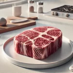 "Realistic 3D-printed meat displayed on a clean white plate in a modern kitchen setting, showing a marbled texture and a slightly seared surface, with soft natural lighting and minimalist kitchen tools in the background, emphasizing the innovative concept of 3D-printed food technology."