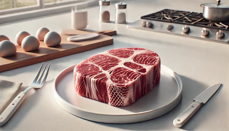 "Realistic 3D-printed meat displayed on a clean white plate in a modern kitchen setting, showing a marbled texture and a slightly seared surface, with soft natural lighting and minimalist kitchen tools in the background, emphasizing the innovative concept of 3D-printed food technology."