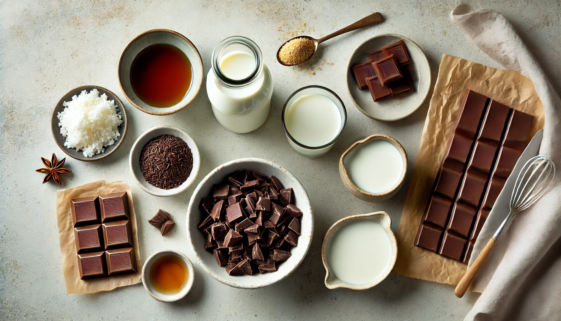 Image of ingredients for making vegan ganache on a kitchen countertop: a bowl of dairy-free dark chocolate pieces, a small glass of full-fat coconut milk or oat milk, a bottle of maple syrup or agave syrup, and a dish with coconut oil or vegan butter. The setup highlights the simplicity and quality of this easy vegan ganache recipe.