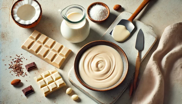 Image of vegan white chocolate ganache in a bowl with a smooth, glossy texture. Surrounding ingredients include a halved coconut, a jar of coconut milk, a bar of vegan white chocolate, shredded coconut, and a spatula, arranged on a light kitchen countertop for an inviting presentation.