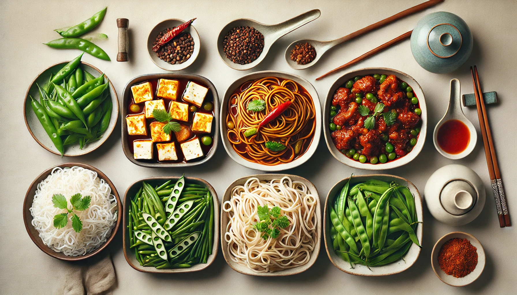 A top-view, close-up horizontal image showcasing five iconic Sichuan dishes served on a clean and minimalist table. The dishes include Mapo Tofu, Kung Pao Chicken, Spicy Hot Pot, Dan Dan Noodles, and Dry-Fried Green Beans, all presented in authentic Chinese-style bowls and plates. The vibrant colors and rich textures of the food are highlighted, with no extra garnishes or decorations, creating a modern and visually appealing composition. 