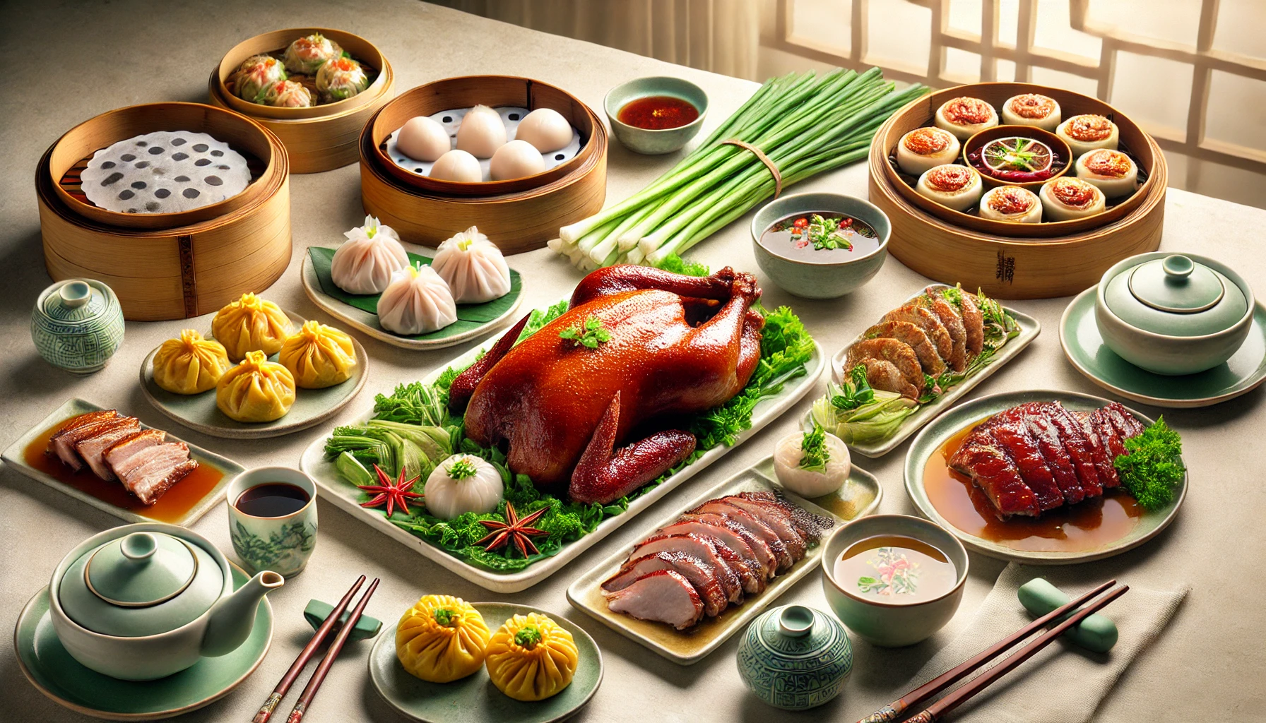 A table filled with vibrant Cantonese cuisine, featuring a roasted whole duck garnished with greens and lemon slices as the centerpiece. Surrounding dishes include steamed dumplings in bamboo steamers, Char Siu (BBQ pork) slices, and other dim sum delicacies presented on traditional plates. The arrangement emphasizes freshness and flavor with a light and elegant background setting. 