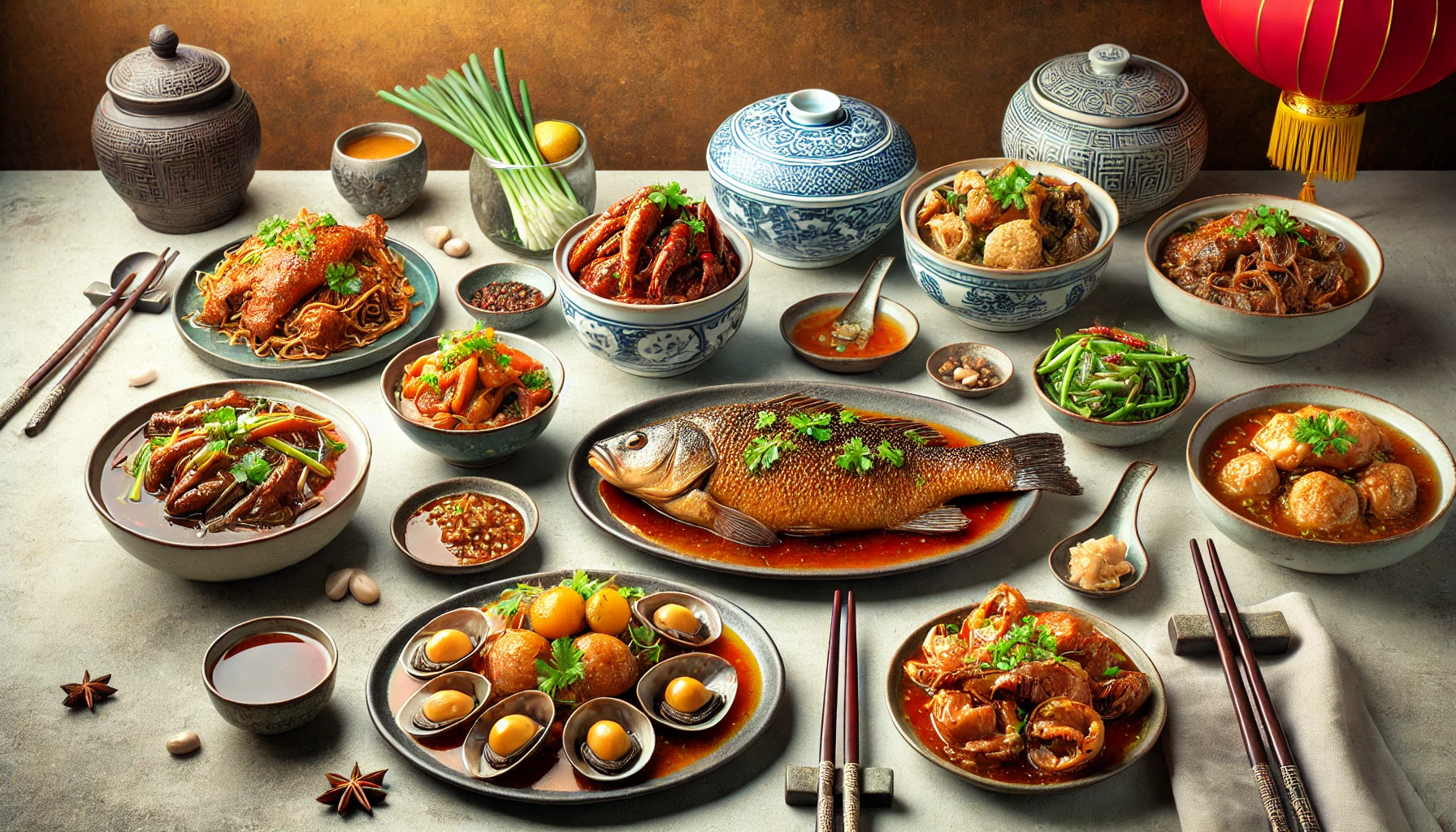 A wide horizontal image showcasing a variety of iconic Shandong cuisine dishes from Northeast China, emphasizing their bold and hearty flavors. The centerpiece features Sweet and Sour Carp on an elegant platter, surrounded by dishes such as Braised Sea Cucumber, Dezhou Braised Chicken, and Stir-Fried Clams. The table is set with traditional Chinese bowls and plates, garnished with green onions, cilantro, and vibrant sauces. The composition highlights the rich textures, vibrant colors, and savory appeal of the food, creating a warm and inviting atmosphere. 