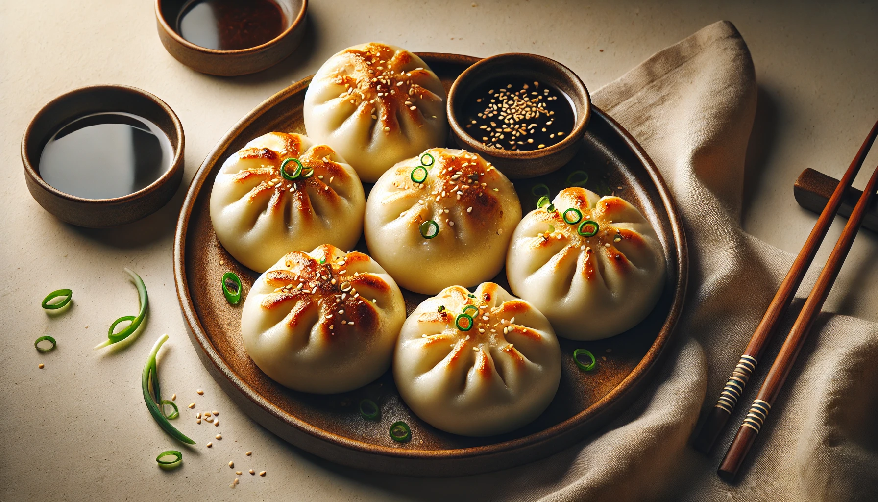 A close-up image of Sheng Jian Bao (Pan-Fried Pork Buns) served on a rustic plate. The buns feature golden, crispy bottoms and soft, fluffy tops garnished with sesame seeds and sliced green onions. Accompanying the dish are small bowls of soy sauce and dipping sauces, with chopsticks and a beige napkin adding to the inviting presentation. The lighting highlights the texture and vibrant appearance of the buns, creating a warm and appetizing atmosphere. 