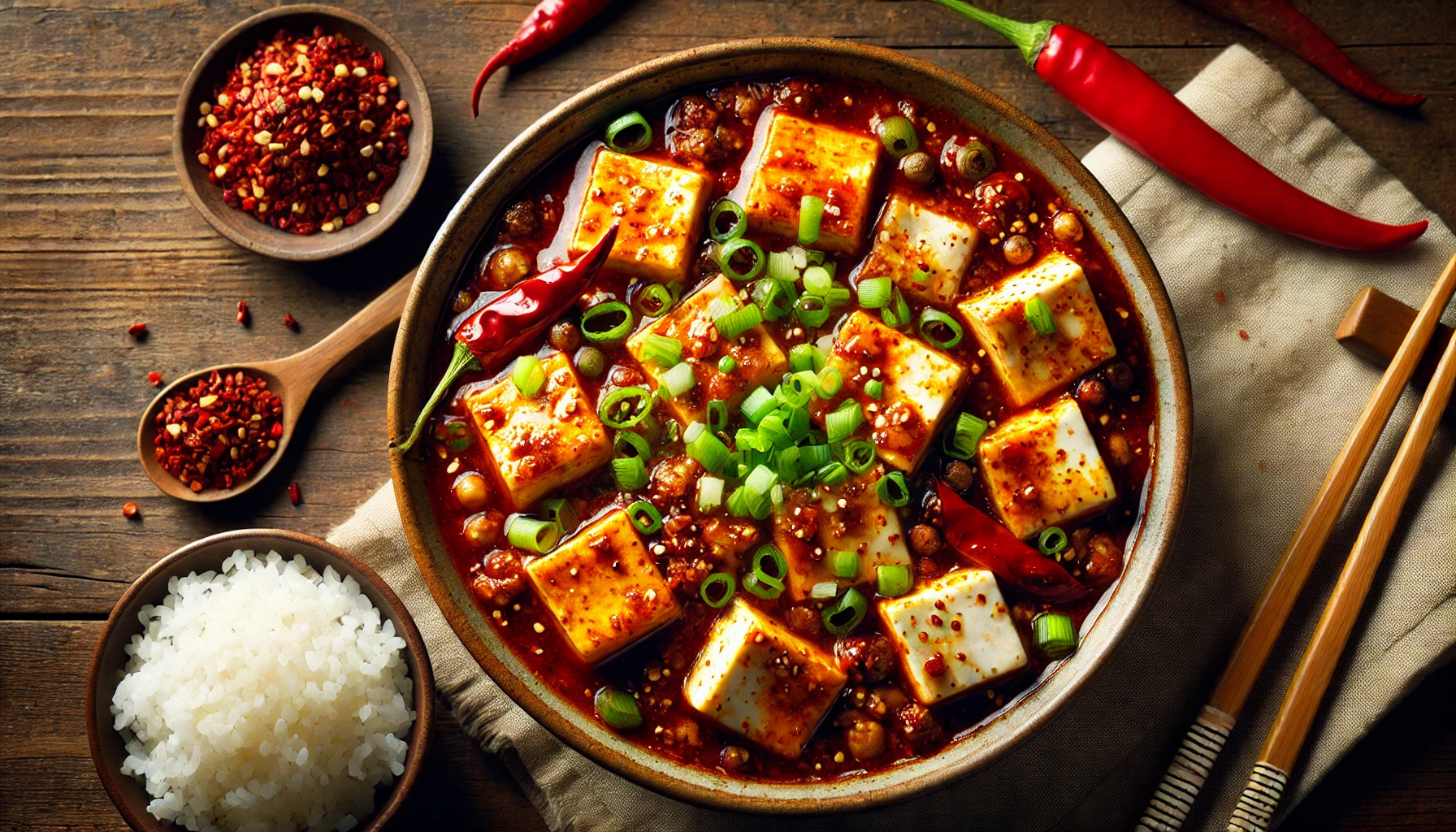 A close-up, top-view image of Mapo Tofu, a classic Sichuan dish, served in a rustic bowl. The dish features soft tofu cubes immersed in a vibrant, spicy red sauce with minced pork, Sichuan peppercorns, and chili oil. Garnished with fresh chopped green onions and whole red chilies, the presentation highlights its bold and flavorful essence. Surrounding the dish are a bowl of steamed white rice, a wooden spoon filled with crushed chili flakes, and chopsticks, set on a rustic wooden table for an authentic and inviting look. 