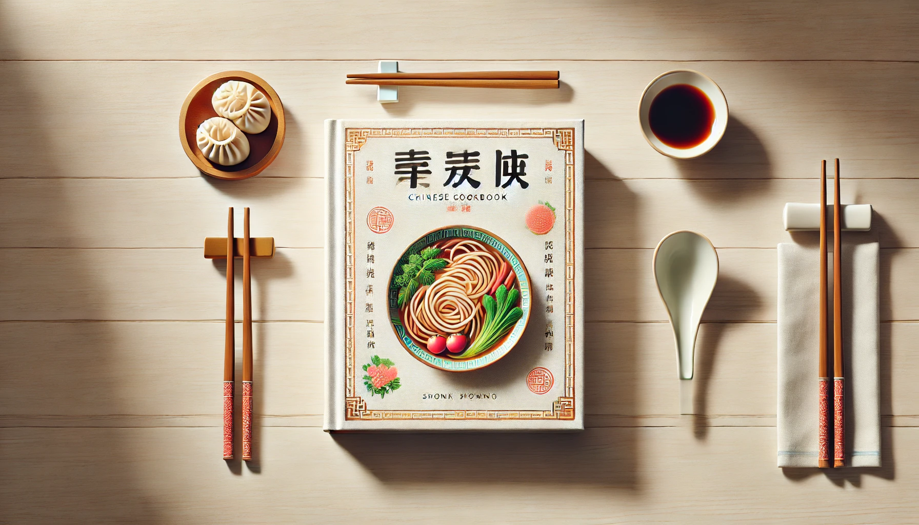 A clean and minimalist top-view image showcasing a single Chinese cookbook placed on a light wooden table. The cookbook features a vibrant cover with an illustration of a bowl of noodles and Chinese characters. Surrounding the book are elegant table settings, including chopsticks, a ceramic soup spoon, a dipping bowl with soy sauce, and a small plate of steamed dumplings, creating a simple and inviting presentation. The natural lighting enhances the refined and organized aesthetic. 