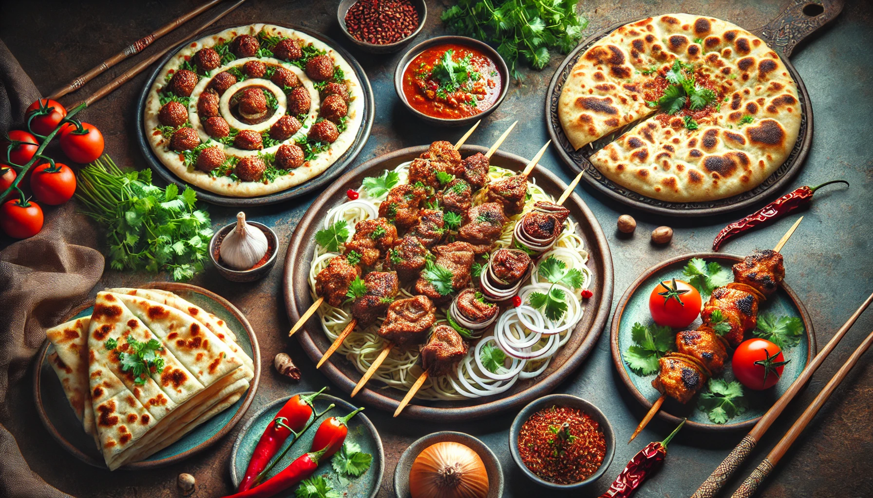 A vibrant and colorful top-view image of a variety of Xinjiang cuisine dishes from Northwest China. The centerpiece features skewered lamb kebabs garnished with fresh cilantro and onion slices, surrounded by naan bread, a circular flatbread topped with spiced meatballs, and bowls of chili sauce and crushed spices. The arrangement is complemented by fresh cherry tomatoes, whole garlic, red chilies, and green herbs, creating a rustic yet inviting presentation. The scene highlights the bold and hearty flavors characteristic of Xinjiang cuisine. 