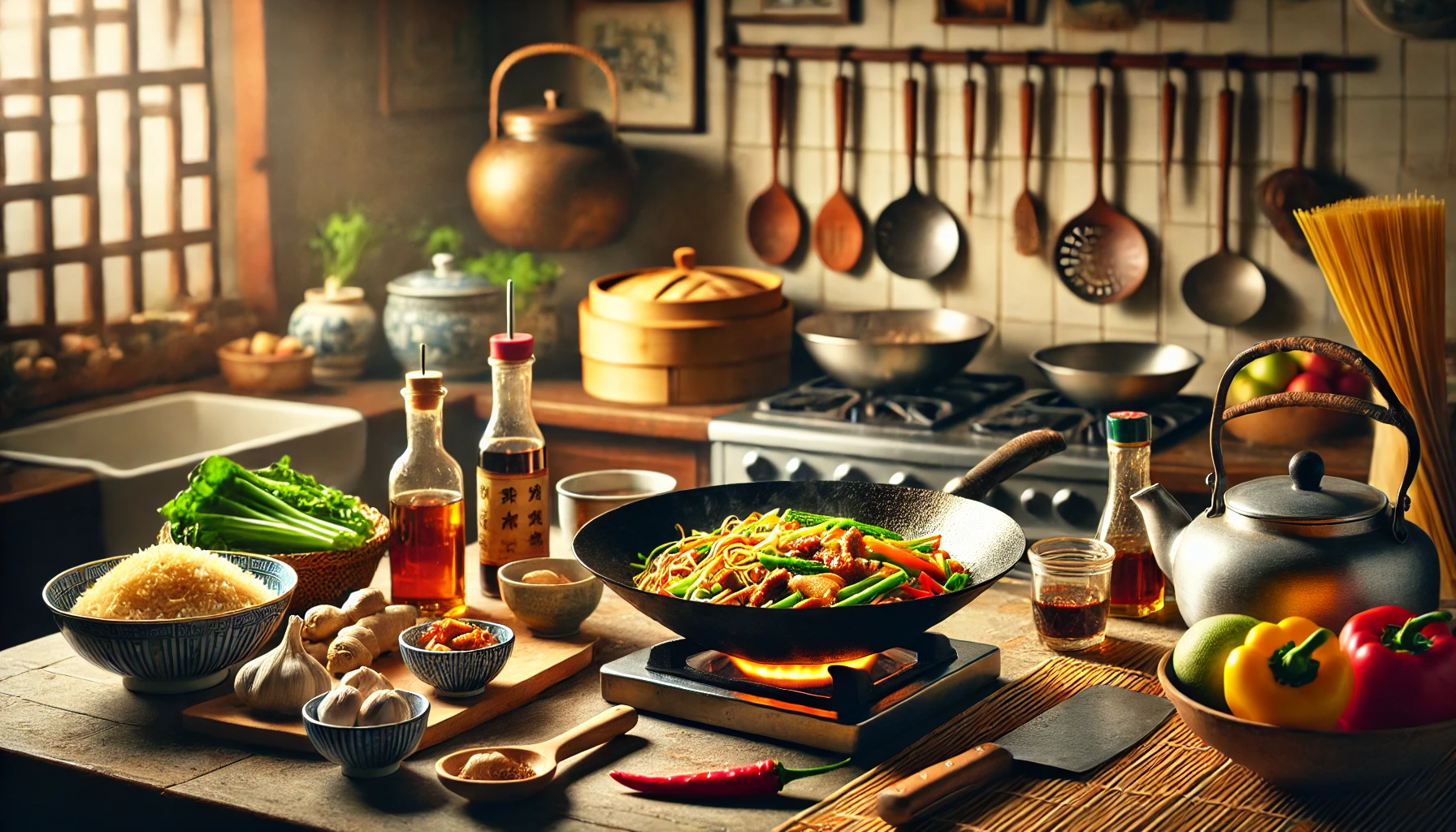 A warm and inviting kitchen scene depicting the preparation of Chinese cuisine. The centerpiece features a wok on a stovetop filled with stir-fried vegetables and noodles, emitting steam. The wooden counter is neatly arranged with fresh ingredients, including garlic, ginger, green onions, and colorful bell peppers, along with bottles of soy sauce and spices. Traditional kitchen tools like a bamboo steamer, a kettle, and wooden utensils hang in the background, adding an authentic touch to the cozy atmosphere.