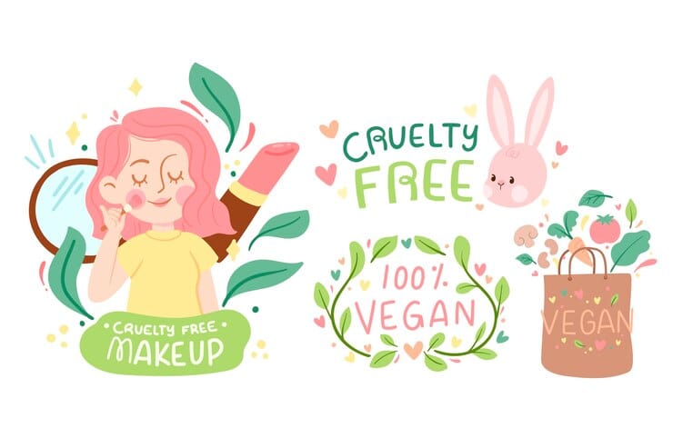 Illustration promoting cruelty-free and vegan products. It features a woman applying makeup with a large makeup brush, surrounded by leaves and a label reading 'Cruelty-Free Makeup.' Additional elements include a bunny icon with the text 'Cruelty-Free,' a badge reading '100% Vegan' with leafy decorations, and a shopping bag filled with fruits and vegetables labeled 'Vegan.