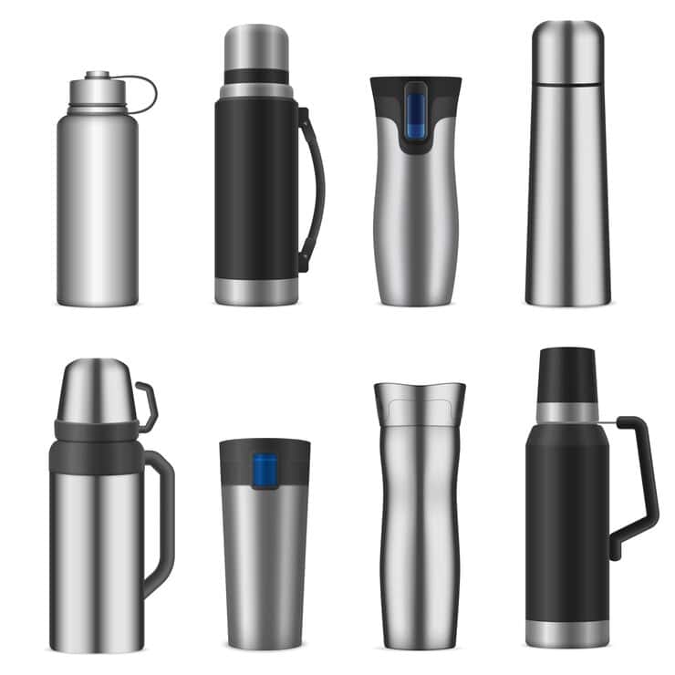 An assortment of stainless steel and insulated thermos bottles and travel mugs, featuring various designs such as handles, flip lids, and screw tops, displayed on a white background. The collection emphasizes sleek and modern styles suitable for carrying hot or cold beverages.