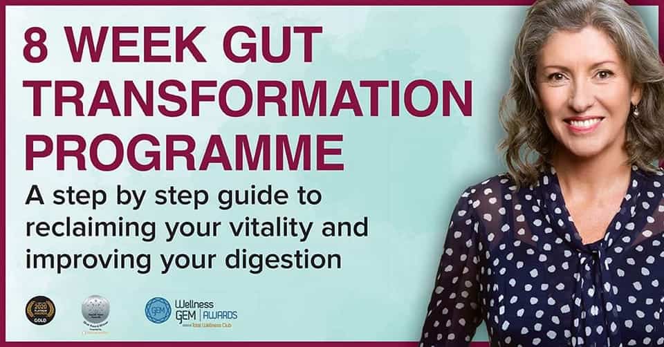 The image features a promotional banner for an "8 Week Gut Transformation Programme." The main text reads: "A step-by-step guide to reclaiming your vitality and improving your digestion." To the left, there are badges showcasing awards, including a 2020 Gold Award and a Wellness GEM Award. To the right, there is a photo of a smiling woman with shoulder-length, wavy gray hair, wearing a dark blouse with white polka dots. The background has a soft, light blue gradient.