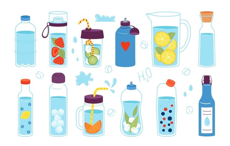 Illustration of various water bottles and pitchers filled with water and infused with fruits, vegetables, and herbs, including strawberries, cucumbers, lemons, oranges, mint leaves, and berries. The collection showcases hydration options in colorful containers with playful designs, set against a white background with ice cubes and water splashes for added effect.