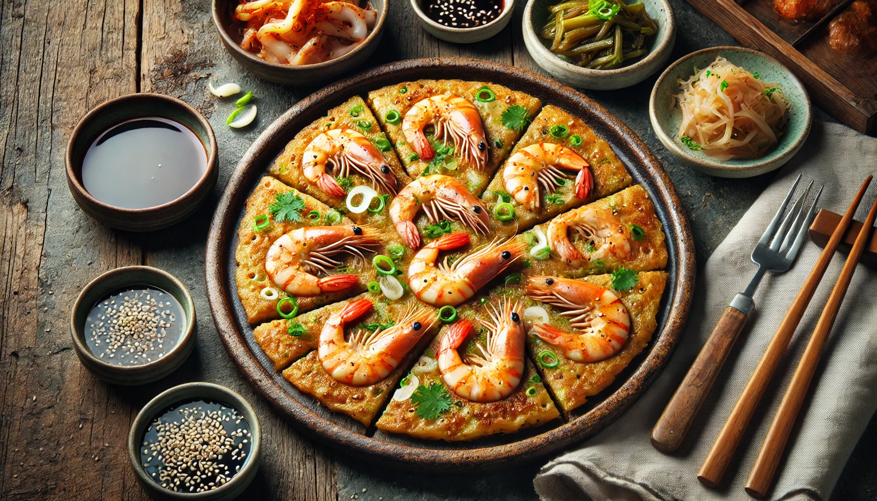 This image showcases a horizontal view of traditional Korean Haemul Pajeon, a golden-brown seafood pancake made with shrimp, squid, and green onions. The pancake is cut into slices and garnished with sesame seeds and chopped green onions, served on a rustic ceramic plate. Accompanying the dish are a small bowl of soy-based dipping sauce, kimchi, and pickled radish, all arranged on a wooden table in a cozy, traditional Korean dining setting. 