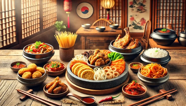 This image depicts a vibrant and appetizing presentation of iconic Korean dishes. The arrangement includes a variety of traditional foods displayed on a wooden table in a cozy restaurant setting with Korean decor. Featured items include bibimbap, golden fried chicken, spicy tteokbokki, and other complementary side dishes, highlighting the rich culinary culture of Korea. The warm lighting and traditional elements add an authentic and inviting atmosphere.