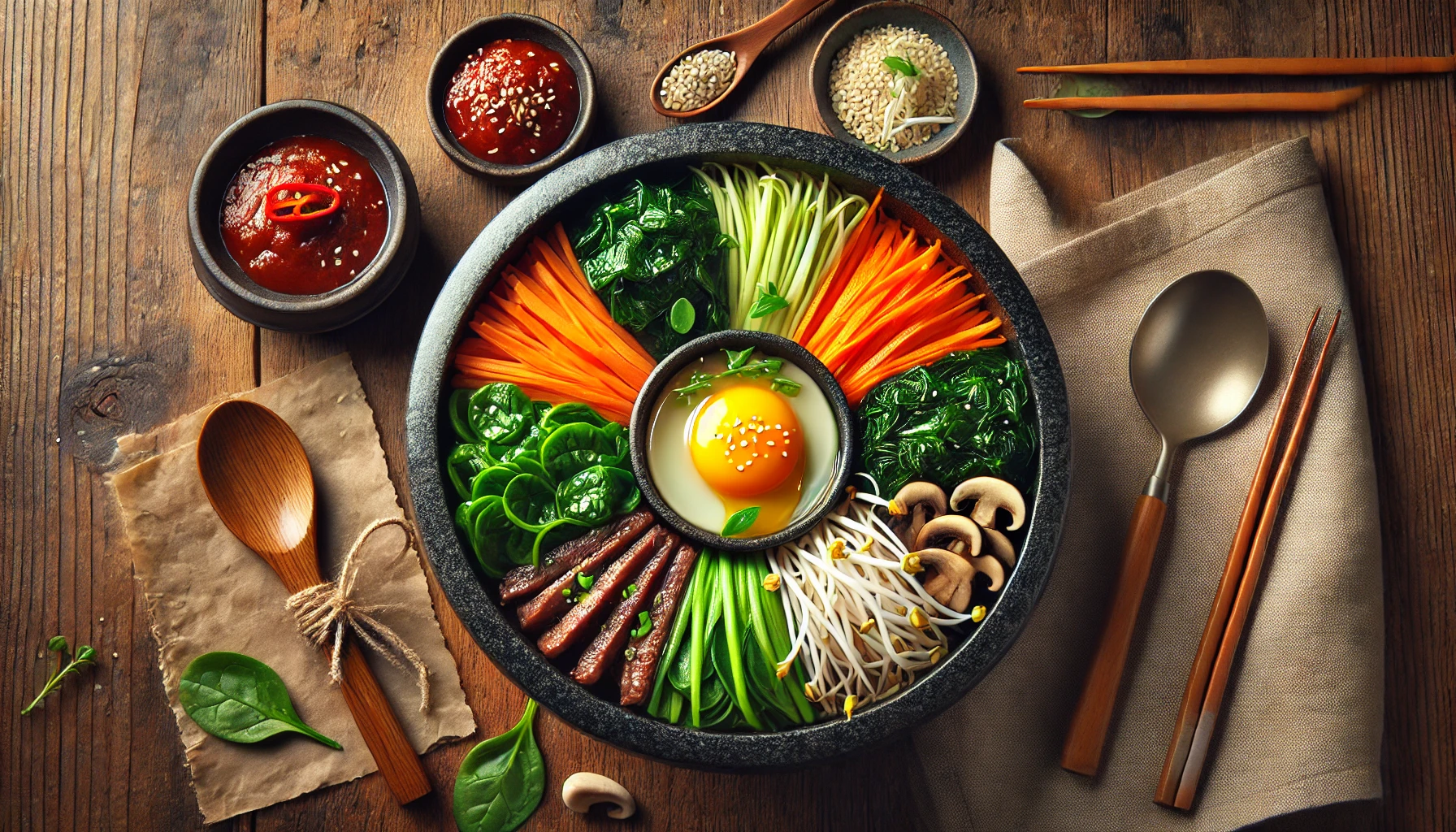 This image showcases a vibrant and traditional Korean Bibimbap served in a black stone bowl. The dish is beautifully arranged with colorful toppings, including julienned carrots, sautéed spinach, bean sprouts, shiitake mushrooms, and sliced beef, centered around a raw egg yolk. The setup includes a side of red chili paste (gochujang), sesame seeds, and a rustic wooden spoon and chopsticks, placed on a wooden table with a natural, cozy ambiance. 