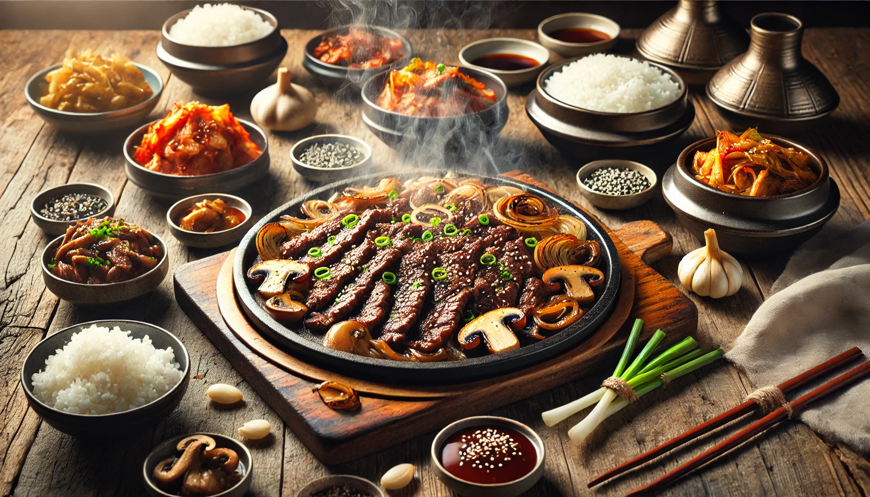 This image showcases a horizontal view of traditional Korean Bulgogi served on a sizzling plate. The dish features thinly sliced beef marinated in a sweet soy-based sauce, grilled with caramelized onions and mushrooms, and garnished with sesame seeds and green onions. Accompaniments include bowls of steamed white rice, kimchi, and various dipping sauces, all set on a rustic wooden table with a warm, cozy background. 