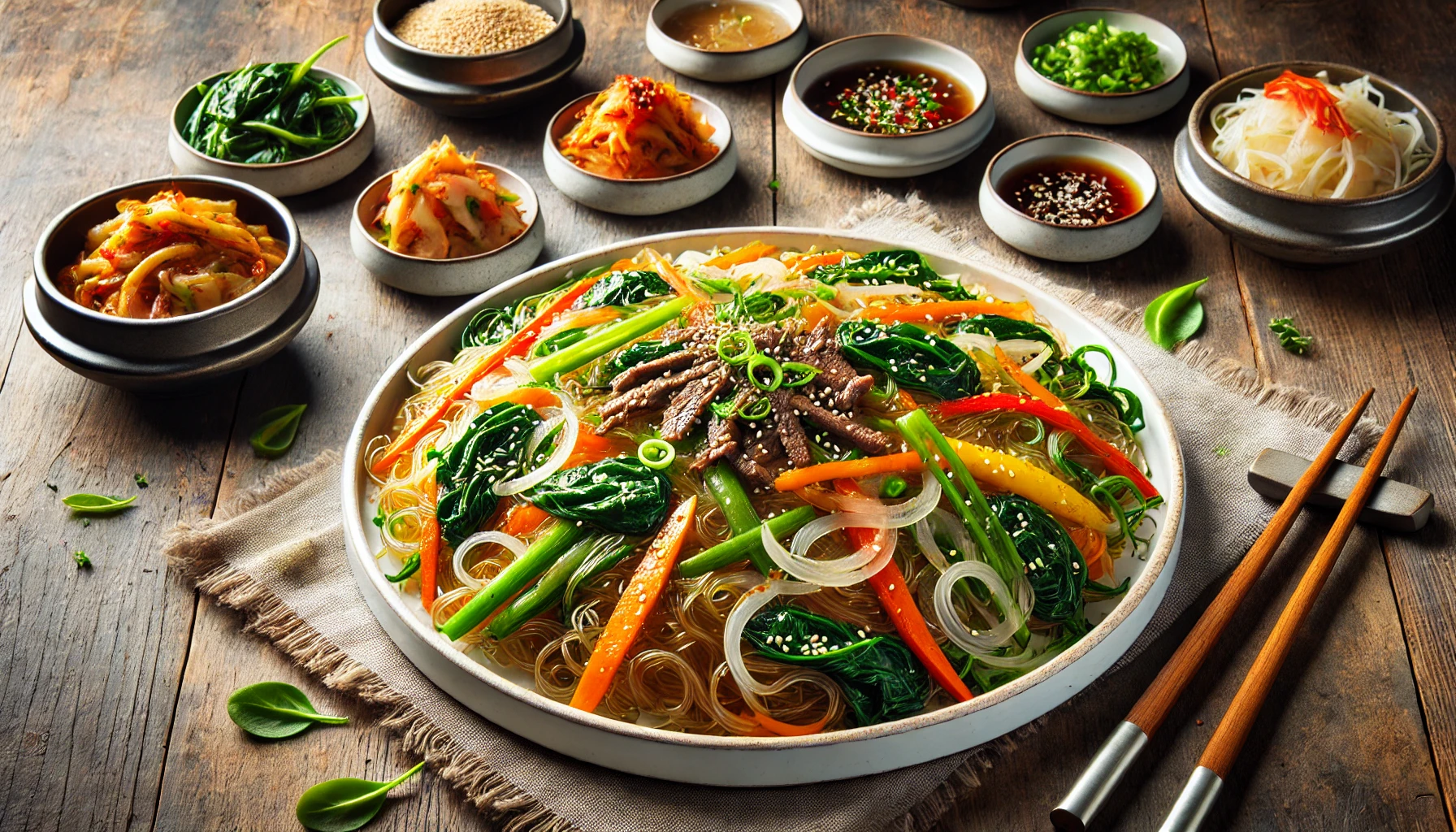 This image showcases a horizontal view of traditional Korean Japchae served on a white platter. The dish features stir-fried glass noodles mixed with vibrant vegetables such as carrots, spinach, bell peppers, and onions, along with sliced beef, garnished with sesame seeds and green onions. Surrounding the platter are small bowls of Korean side dishes, including kimchi and dipping sauces, all placed on a rustic wooden table for an inviting and authentic dining experience. 