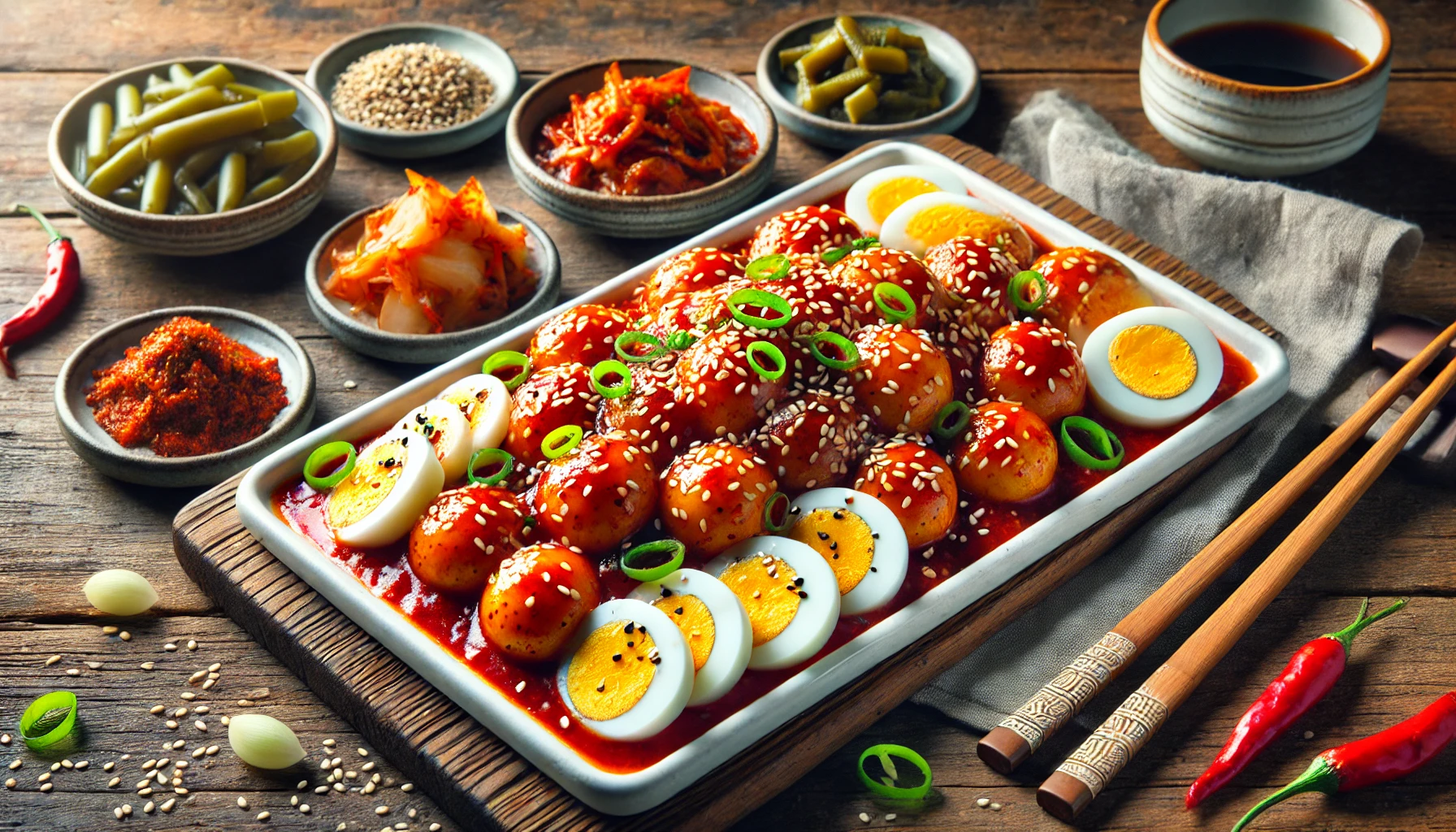 This image showcases a horizontal view of traditional Korean Tteokbokki, featuring chewy rice cakes coated in a vibrant, spicy gochujang (chili paste) sauce. The dish is served on a sleek white rectangular plate, garnished with sesame seeds and chopped green onions, and accompanied by boiled egg halves. The setup includes a rustic wooden table with traditional Korean sides such as kimchi, pickled radish, and dipping sauces in small ceramic bowls, along with neatly placed chopsticks for an inviting presentation. 