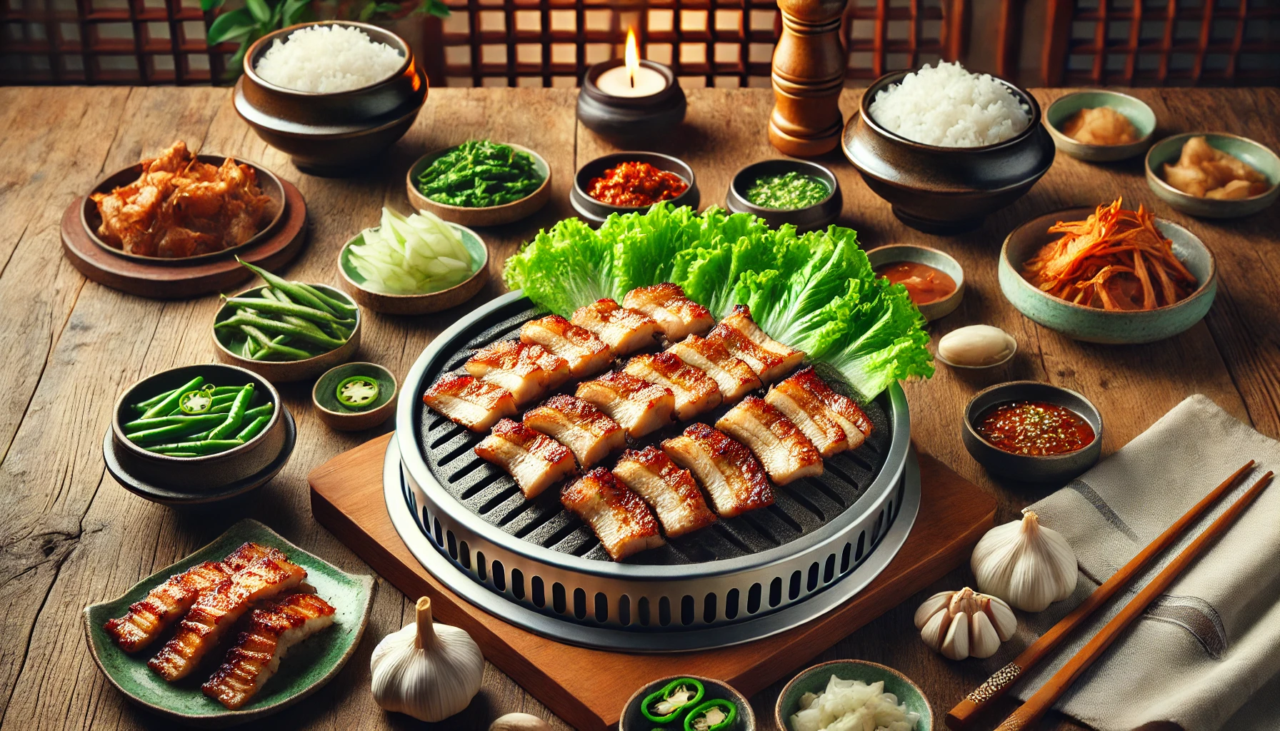 This image showcases a horizontal view of traditional Korean Samgyeopsal with golden-brown slices of grilled pork belly sizzling on a tabletop grill. The setup includes fresh lettuce leaves, garlic cloves, green chili slices, ssamjang dipping sauce, and bowls of steamed white rice. Surrounding the grill are small dishes of banchan, including kimchi, pickled radish, and other accompaniments, all placed on a rustic wooden table. The background highlights a cozy and authentic Korean barbecue dining atmosphere. 