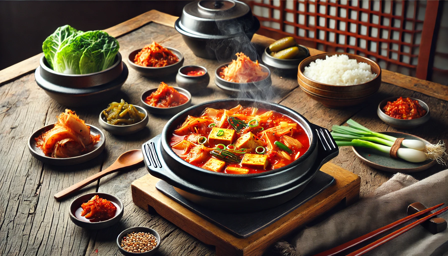 This image shows a horizontal view of traditional Korean Kimchi Jjigae served in a black stone pot. The bubbling red stew is filled with chunks of kimchi, tofu, pork, green onions, and mushrooms, all simmered in a rich, spicy broth. The pot is placed on a rustic wooden table surrounded by small side dishes (banchan) such as kimchi, pickled radish, and a bowl of steamed white rice. The setup includes wooden chopsticks, a spoon, and subtle traditional Korean decor in the background, creating a cozy dining atmosphere. 