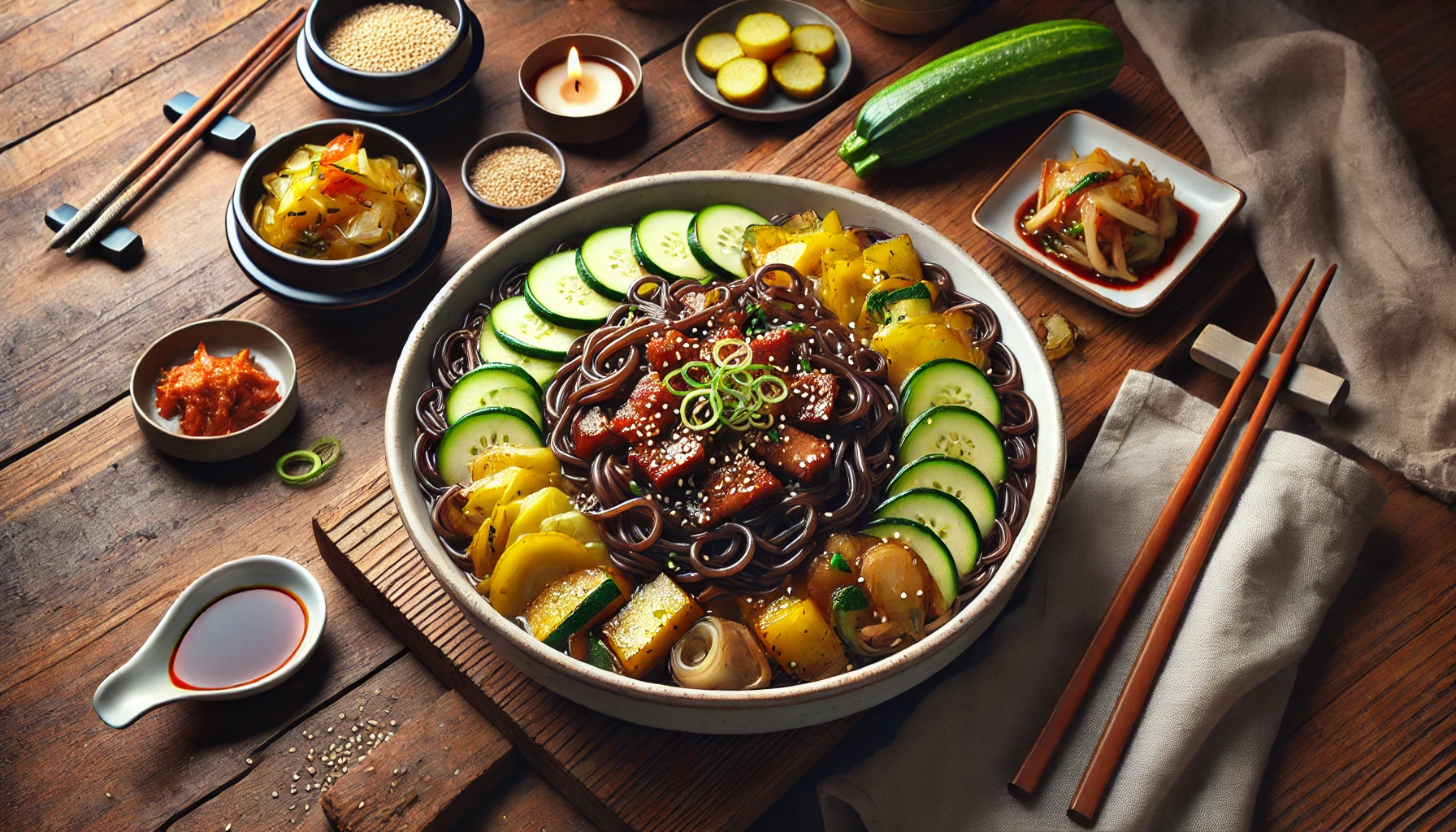 This image showcases a horizontal view of traditional Korean Jjajangmyeon, served in a large white bowl. The thick noodles are coated in a glossy black bean sauce with diced pork and vegetables like zucchini, onions, and potatoes, and garnished with thinly sliced cucumber strips and sesame seeds. The setup includes a pair of chopsticks, a small bowl of kimchi, and pickled yellow radish slices, all arranged on a rustic wooden table. The background creates a warm and inviting Korean dining atmosphere. 