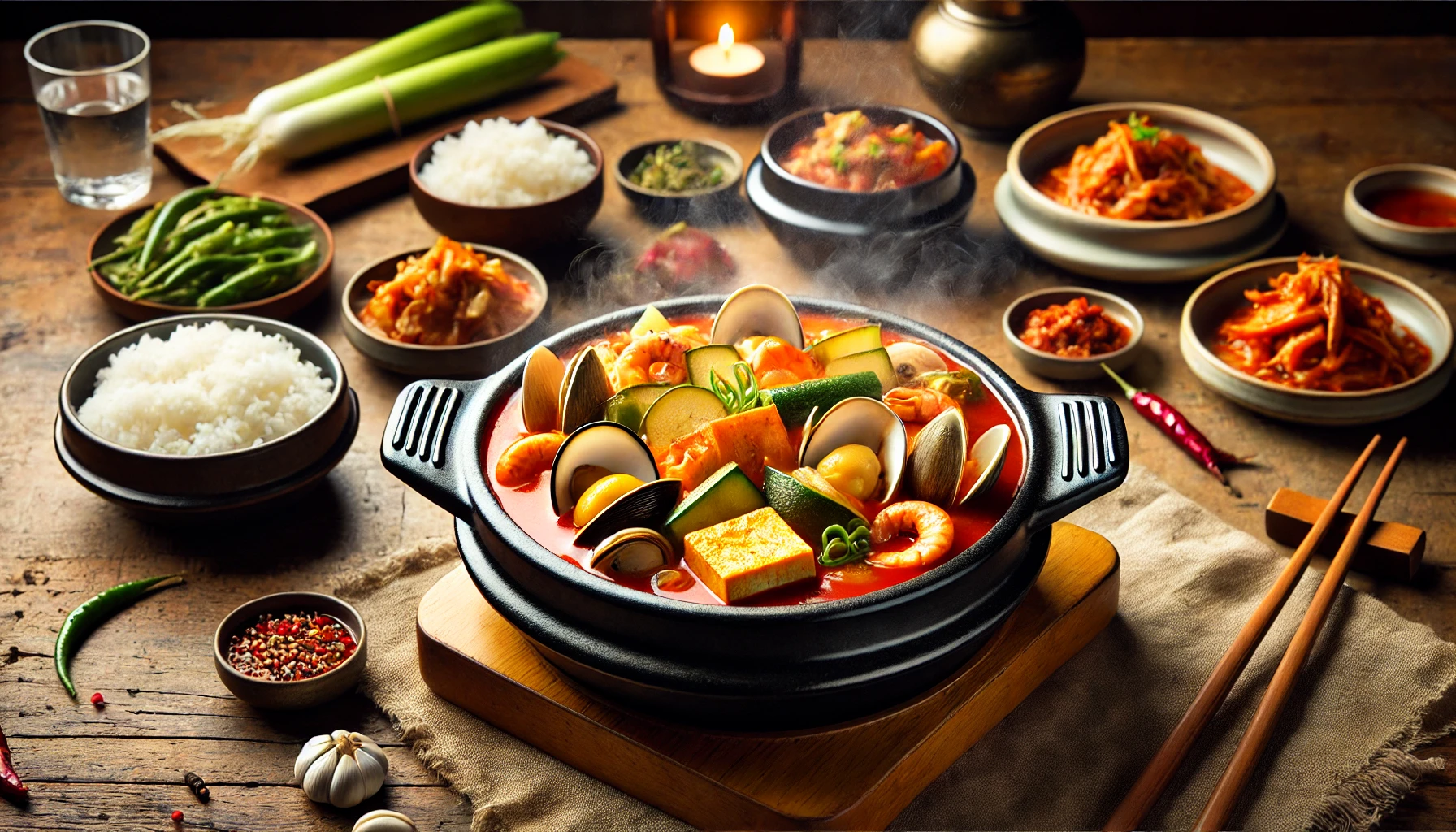 This image features a horizontal view of traditional Korean Sundubu Jjigae, a bubbling red stew served in a black stone pot. The dish includes soft silken tofu, clams, shrimp, zucchini, mushrooms, and green onions, simmered in a rich, spicy broth. The setup includes a rustic wooden table with accompaniments such as a bowl of steamed rice, kimchi, and other traditional Korean side dishes (banchan). The warm background creates a cozy and authentic Korean dining atmosphere. 