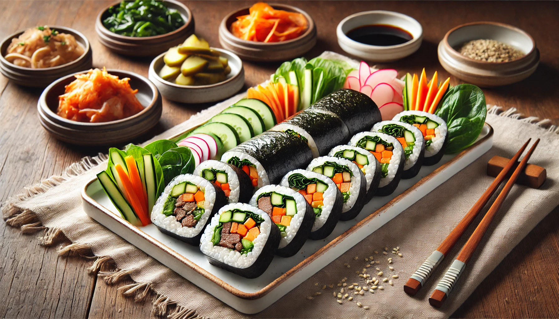 This image showcases a horizontal view of traditional Korean Kimbap, with neatly rolled rice and colorful fillings such as carrots, cucumber, pickled radish, spinach, and beef, all wrapped in a shiny seaweed layer. The rolls are sliced into bite-sized pieces and garnished with sesame seeds, arranged on a white rectangular plate. The setup includes a small dish of soy sauce for dipping, along with side dishes like kimchi and pickled radish, all placed on a rustic wooden table in a cozy Korean dining setting. 