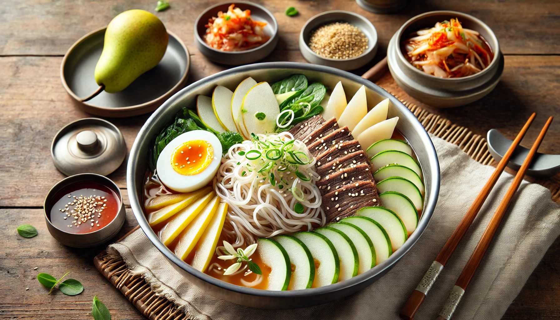 This image depicts a horizontal view of traditional Korean Naengmyeon, served in a stainless steel bowl with thin, chewy cold noodles in a chilled broth. The dish is topped with cucumber slices, pear, boiled egg, and thinly sliced beef, garnished with sesame seeds and green onions. The setup includes a small dish of spicy mustard sauce and kimchi, all arranged on a rustic wooden table. The background conveys a cozy and refreshing Korean dining atmosphere. 