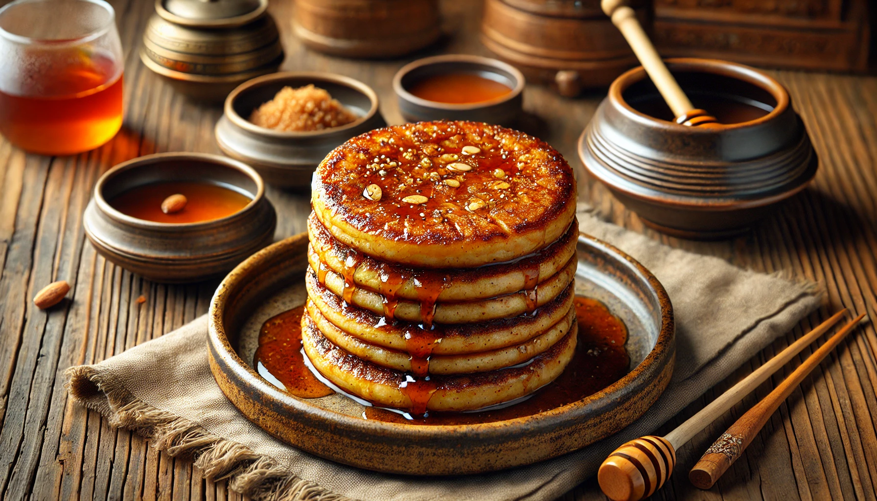 This image showcases a horizontal view of traditional Korean Hotteok, golden-brown sweet pancakes filled with a sugary mixture of brown sugar, cinnamon, and chopped nuts. The pancakes are stacked neatly on a rustic ceramic plate, with one cut open to reveal the gooey, caramelized filling. The setup includes a small dish of honey or syrup for dipping and a cup of hot tea, all arranged on a wooden table in a warm and cozy Korean dining setting. 