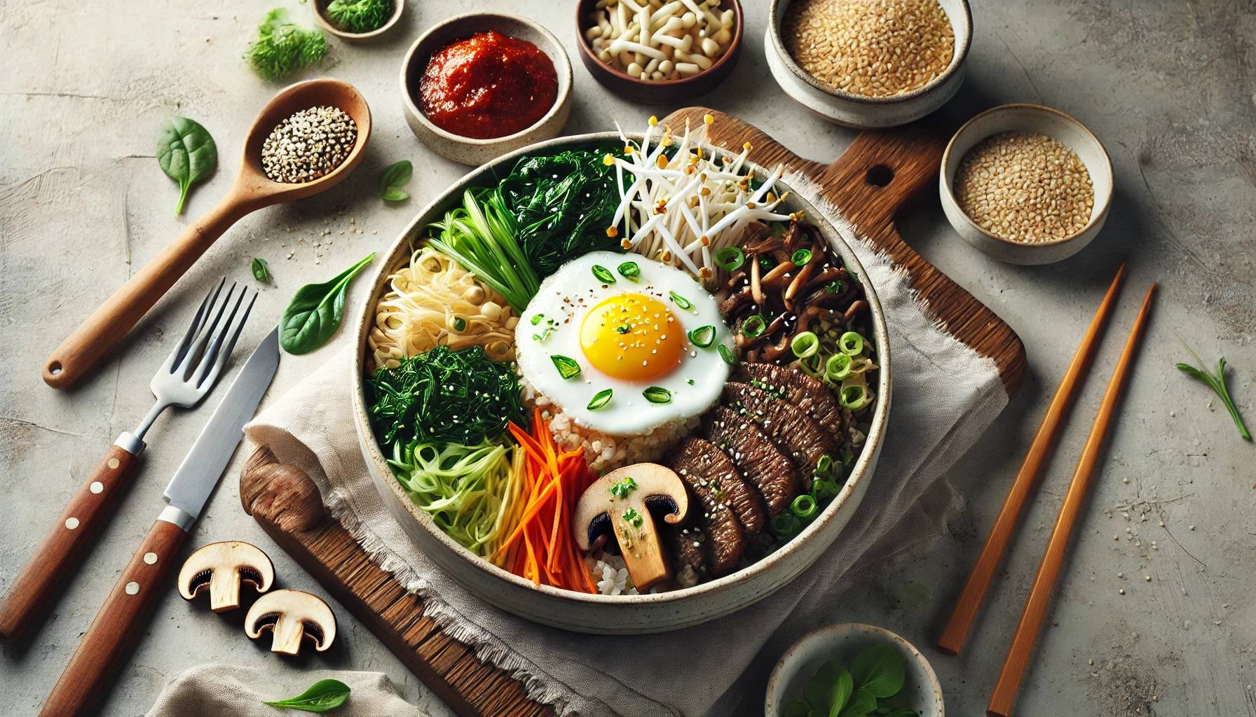 This image depicts a horizontal view of homemade Bibimbap, served in a ceramic bowl with cooked mixed rice topped with sautéed spinach, julienned carrots, bean sprouts, shiitake mushrooms, thinly sliced beef, and a fried egg. The dish is garnished with sesame seeds and chopped green onions, with a small dish of gochujang (Korean chili paste) on the side. The setup includes a cozy kitchen table with utensils and fresh ingredients on a chopping board, creating a warm, home-cooking atmosphere. 