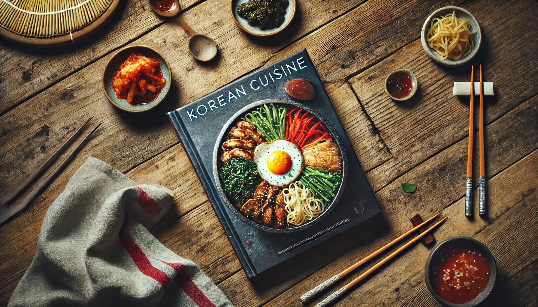 This image shows a zoomed-in top-down view of a Korean cuisine cookbook placed on a rustic wooden table. The cookbook features a vibrant cover showcasing a traditional Korean dish like bibimbap, with a bold and prominent title. Partially visible around the edges are subtle props, including chopsticks and a small bowl of kimchi, emphasizing the cookbook as the central focus while maintaining a cozy kitchen atmosphere. 