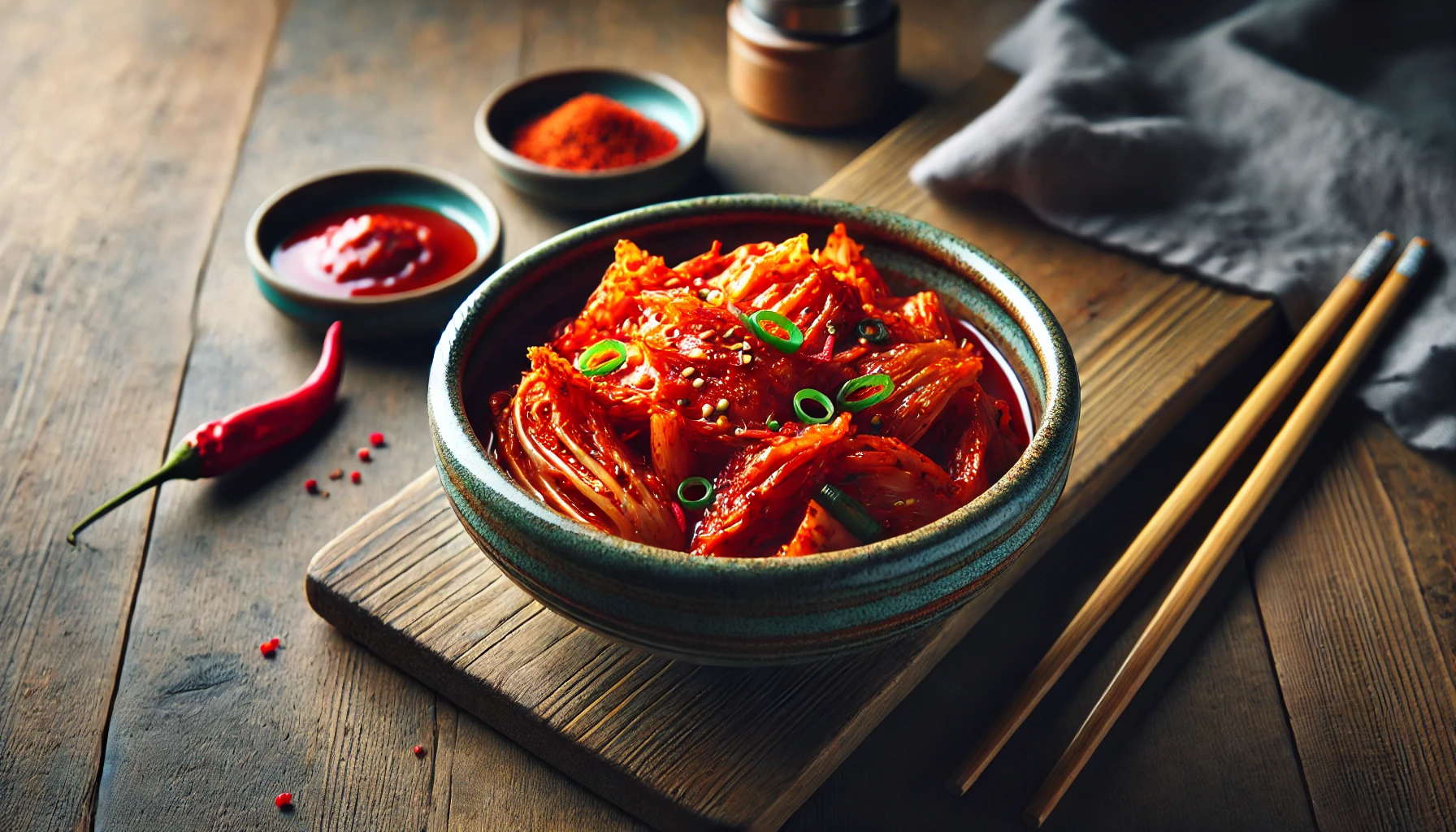 This image showcases a horizontal view of a single plate of traditional Korean Kimchi served in a rustic ceramic bowl. The vibrant red fermented cabbage is seasoned with chili powder, garlic, ginger, and green onions, highlighting its rich textures and bold flavors. The bowl is placed on a wooden table, accompanied by subtle props like chopsticks and a small dipping sauce dish, creating a cozy and minimalist Korean dining atmosphere. 